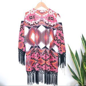 Pink & Orange Colorful Pattern Kimono with Black Fringe Detail. Size Small